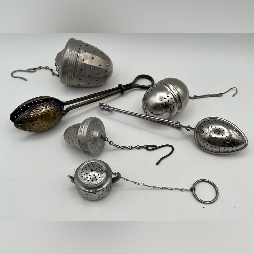 6 Vintage Aluminum Loose Tea Leaf Steeper Strainer Acorn Teapot Infuser Spoons